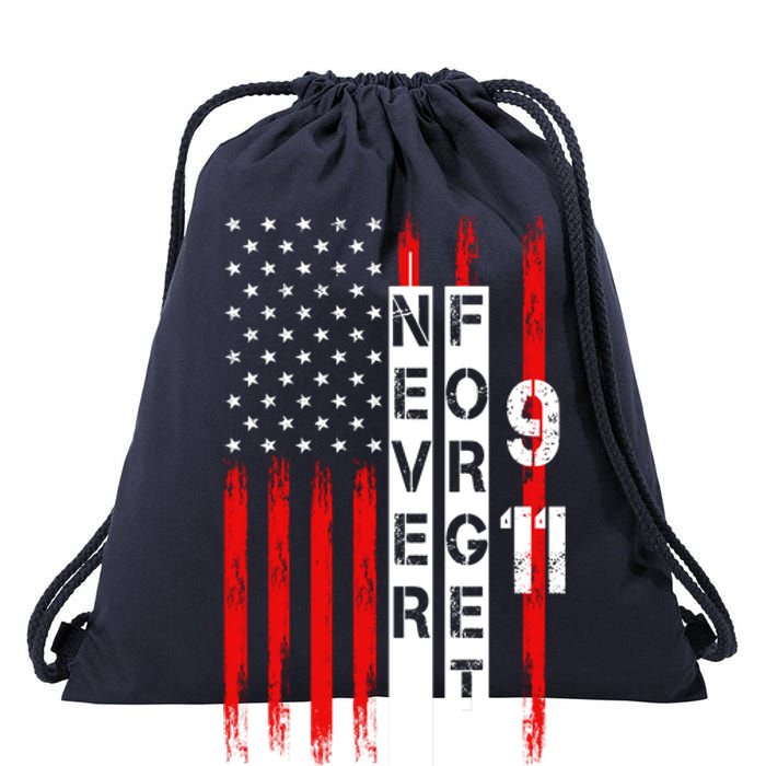 Never Forget 9 11 Nine Eleven Memorial Distressed US American Flag Drawstring Bag