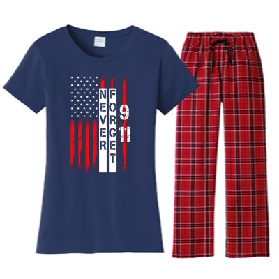 Never Forget 9 11 Nine Eleven Memorial Distressed US American Flag Women's Flannel Pajama Set