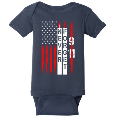Never Forget 9 11 Nine Eleven Memorial Distressed US American Flag Baby Bodysuit
