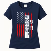 Never Forget 9 11 Nine Eleven Memorial Distressed US American Flag Womens T-Shirt