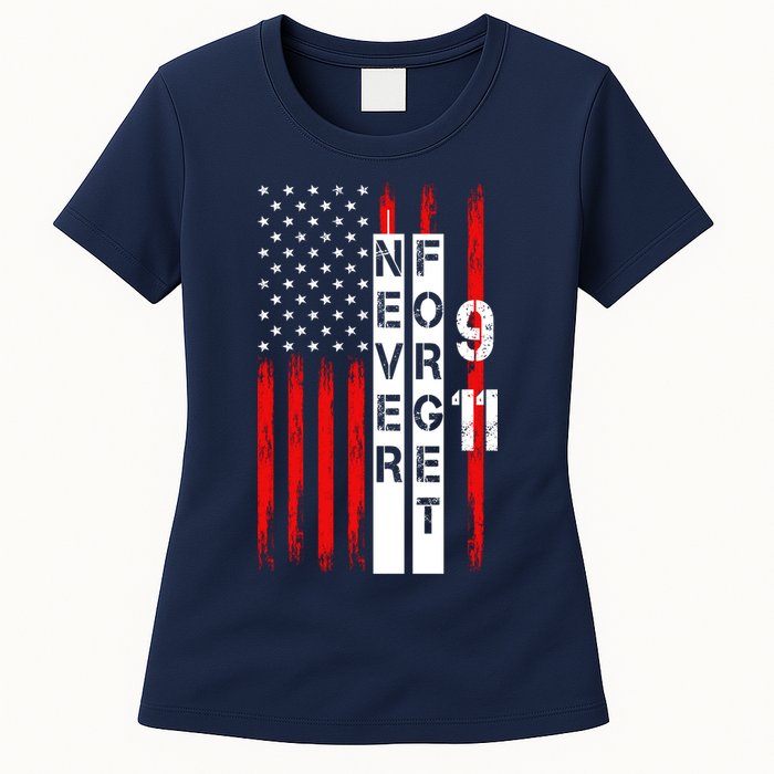 Never Forget 9 11 Nine Eleven Memorial Distressed US American Flag Womens T-Shirt