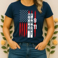 Never Forget 9 11 Nine Eleven Memorial Distressed US American Flag Womens T-Shirt