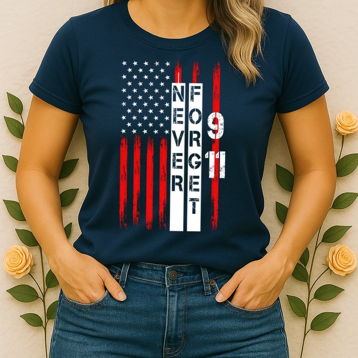 Never Forget 9 11 Nine Eleven Memorial Distressed US American Flag Womens T-Shirt