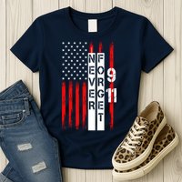 Never Forget 9 11 Nine Eleven Memorial Distressed US American Flag Womens T-Shirt