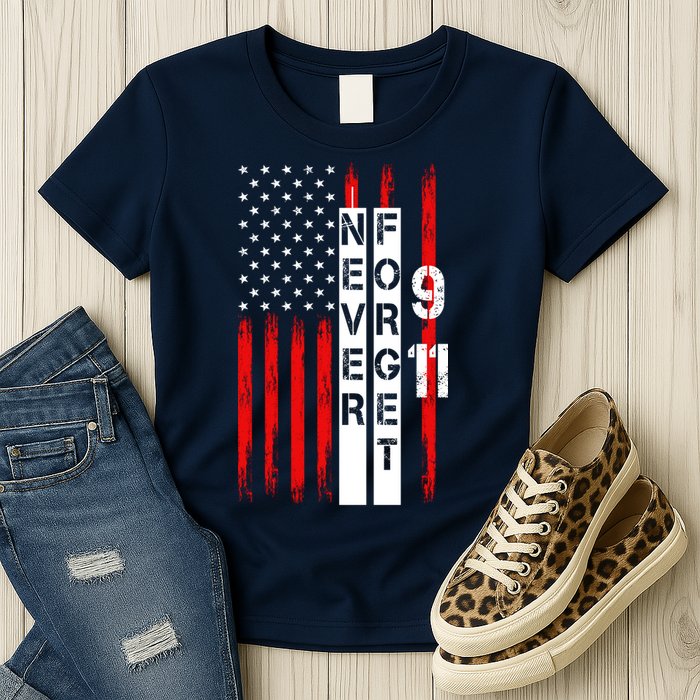 Never Forget 9 11 Nine Eleven Memorial Distressed US American Flag Womens T-Shirt