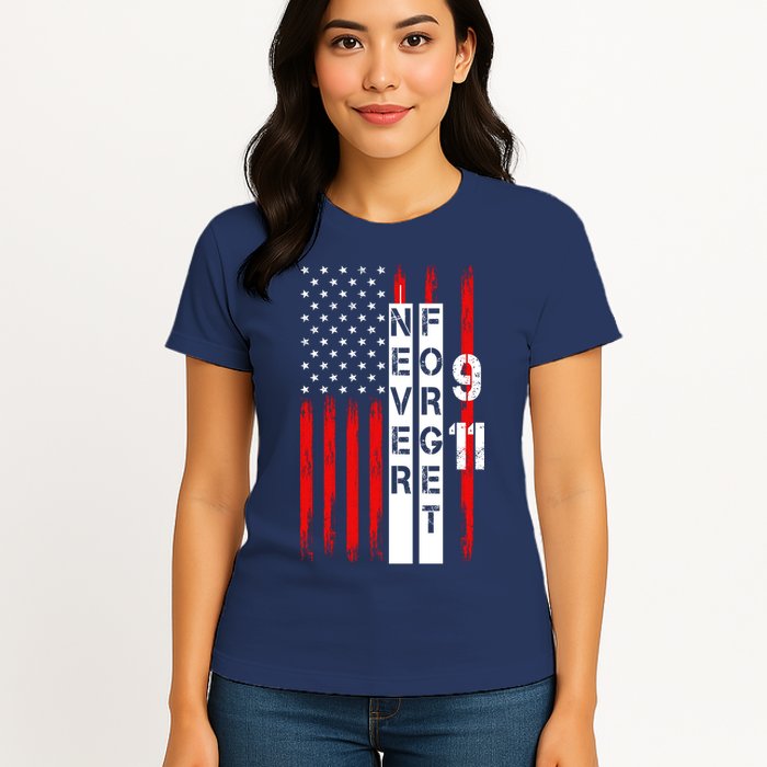 Never Forget 9 11 Nine Eleven Memorial Distressed US American Flag Womens T-Shirt