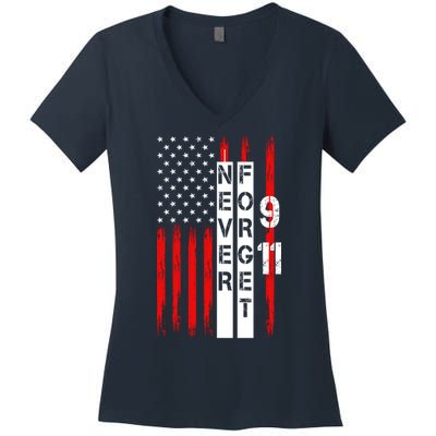 Never Forget 9 11 Nine Eleven Memorial Distressed US American Flag Women's V-Neck T-Shirt