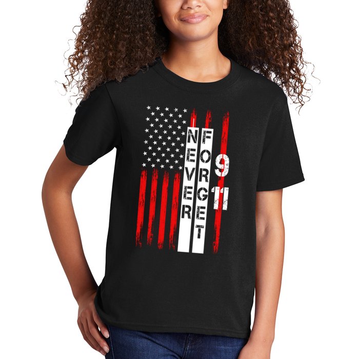Never Forget 9 11 Nine Eleven Memorial Distressed US American Flag Kids T-Shirt