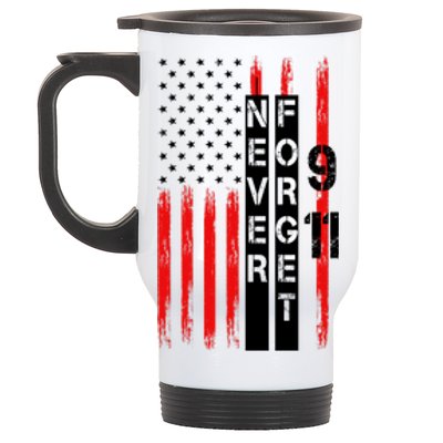 Never Forget 9 11 Nine Eleven Memorial Distressed US American Flag Stainless Steel Travel Mug