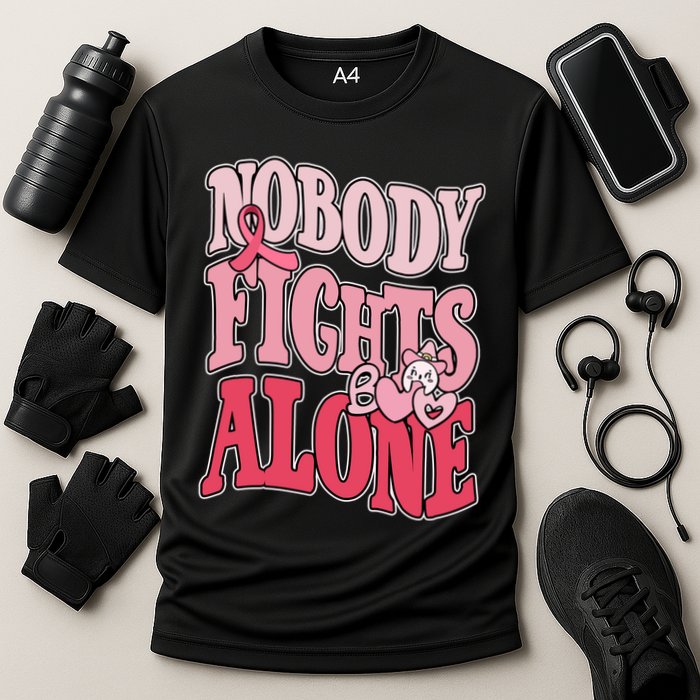 Nobody Fights Alone Breast Cancer Awareness Retro Groovy Cooling Performance Crew T-Shirt