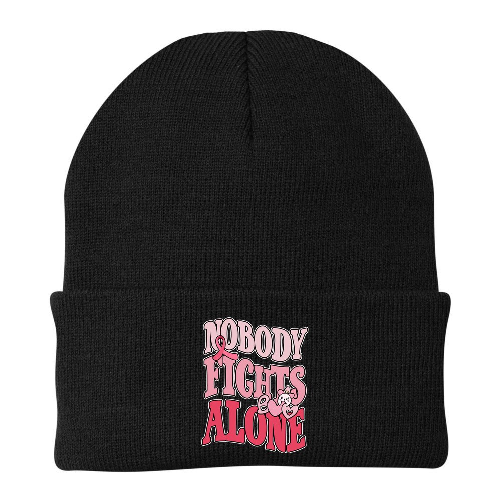 Nobody Fights Alone Breast Cancer Awareness Retro Groovy Beanie