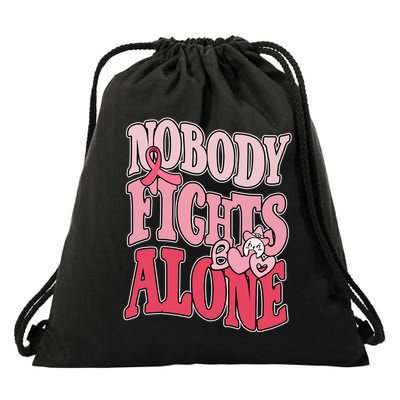 Nobody Fights Alone Breast Cancer Awareness Retro Groovy Drawstring Bag