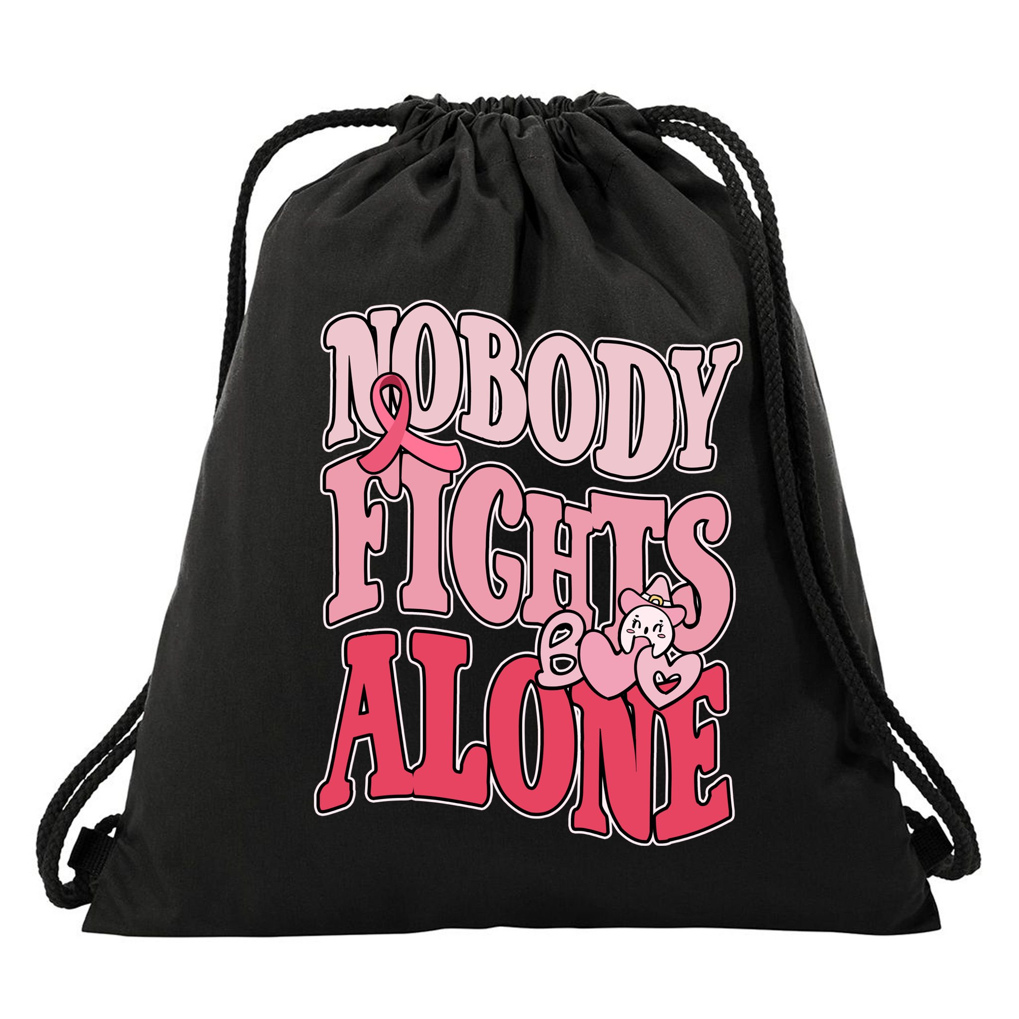 Nobody Fights Alone Breast Cancer Awareness Retro Groovy Drawstring Bag