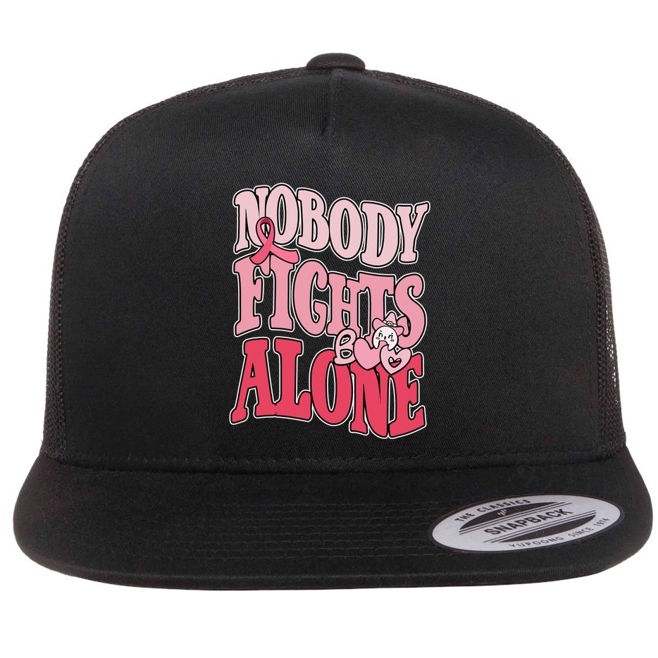 Nobody Fights Alone Breast Cancer Awareness Retro Groovy Flat Bill Trucker Hat
