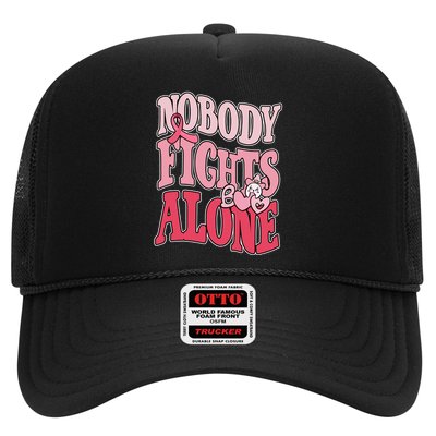 Nobody Fights Alone Breast Cancer Awareness Retro Groovy Trucker Hat