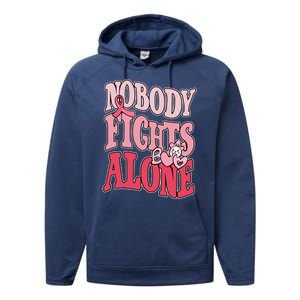 Nobody Fights Alone Breast Cancer Awareness Retro Groovy Performance Fleece Hoodie