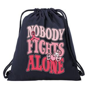 Nobody Fights Alone Breast Cancer Awareness Retro Groovy Drawstring Bag