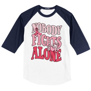 Nobody Fights Alone Breast Cancer Awareness Retro Groovy Baseball Sleeve Shirt