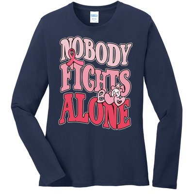 Nobody Fights Alone Breast Cancer Awareness Retro Groovy Ladies Long Sleeve Shirt