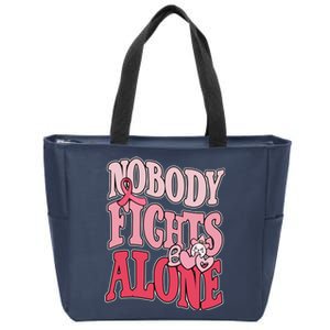 Nobody Fights Alone Breast Cancer Awareness Retro Groovy Zip Tote Bag