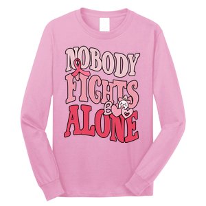 Nobody Fights Alone Breast Cancer Awareness Retro Groovy Long Sleeve Shirt