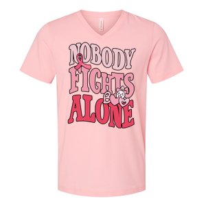 Nobody Fights Alone Breast Cancer Awareness Retro Groovy V-Neck T-Shirt