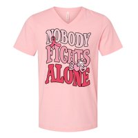 Nobody Fights Alone Breast Cancer Awareness Retro Groovy V-Neck T-Shirt