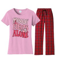 Nobody Fights Alone Breast Cancer Awareness Retro Groovy Women's Flannel Pajama Set