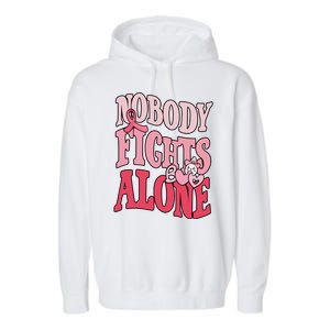 Nobody Fights Alone Breast Cancer Awareness Retro Groovy Garment-Dyed Fleece Hoodie