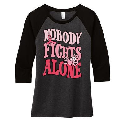 Nobody Fights Alone Breast Cancer Awareness Retro Groovy Women's Tri-Blend 3/4-Sleeve Raglan Shirt