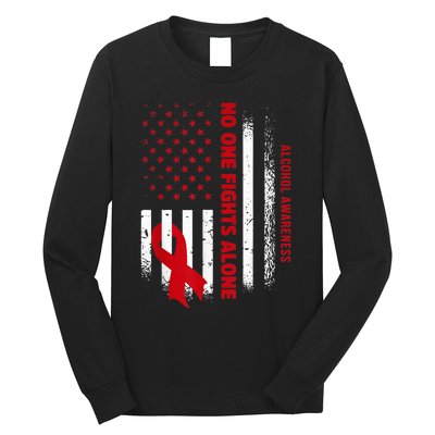 Nobody Fights Alcohol Alone USA Flag Red Ribbon Long Sleeve Shirt