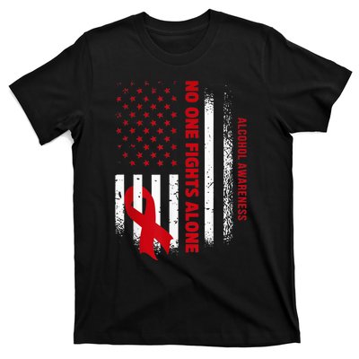 Nobody Fights Alcohol Alone USA Flag Red Ribbon T-Shirt