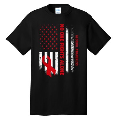 Nobody Fights Alcohol Alone USA Flag Red Ribbon Tall T-Shirt