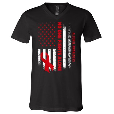 Nobody Fights Alcohol Alone USA Flag Red Ribbon V-Neck T-Shirt