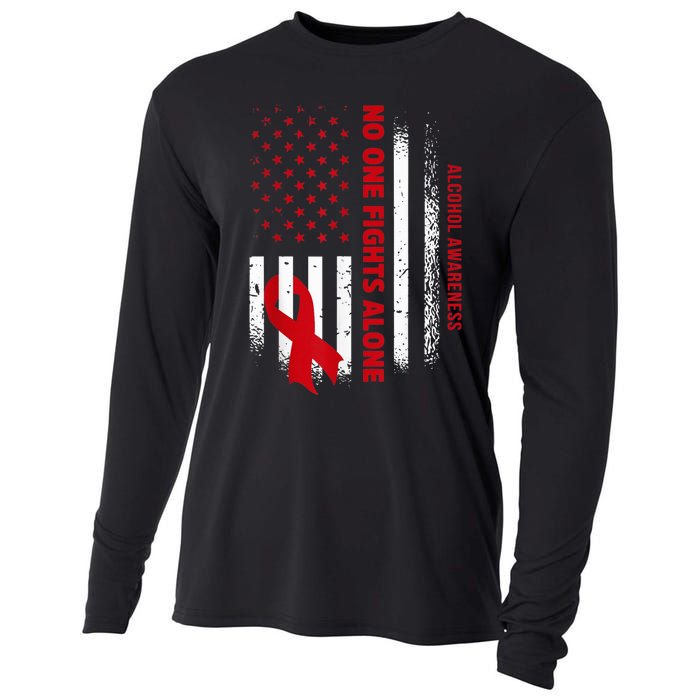 Nobody Fights Alcohol Alone USA Flag Red Ribbon Cooling Performance Long Sleeve Crew