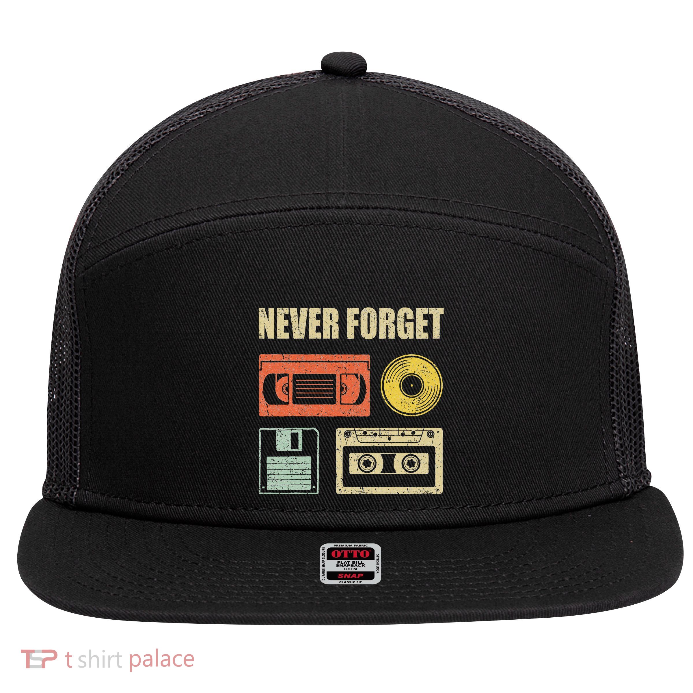 Never Forget Audio Cassette 70s 80s 90s 7 Panel Mesh Trucker Snapback Hat