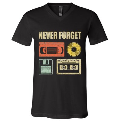 Never Forget Audio Cassette 70s 80s 90s V-Neck T-Shirt