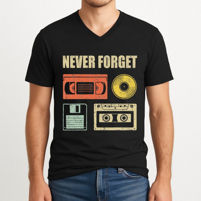 Never Forget Audio Cassette 70s 80s 90s V-Neck T-Shirt