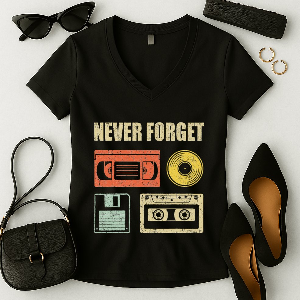 Never Forget Audio Cassette 70s 80s 90s Women's V-Neck T-Shirt