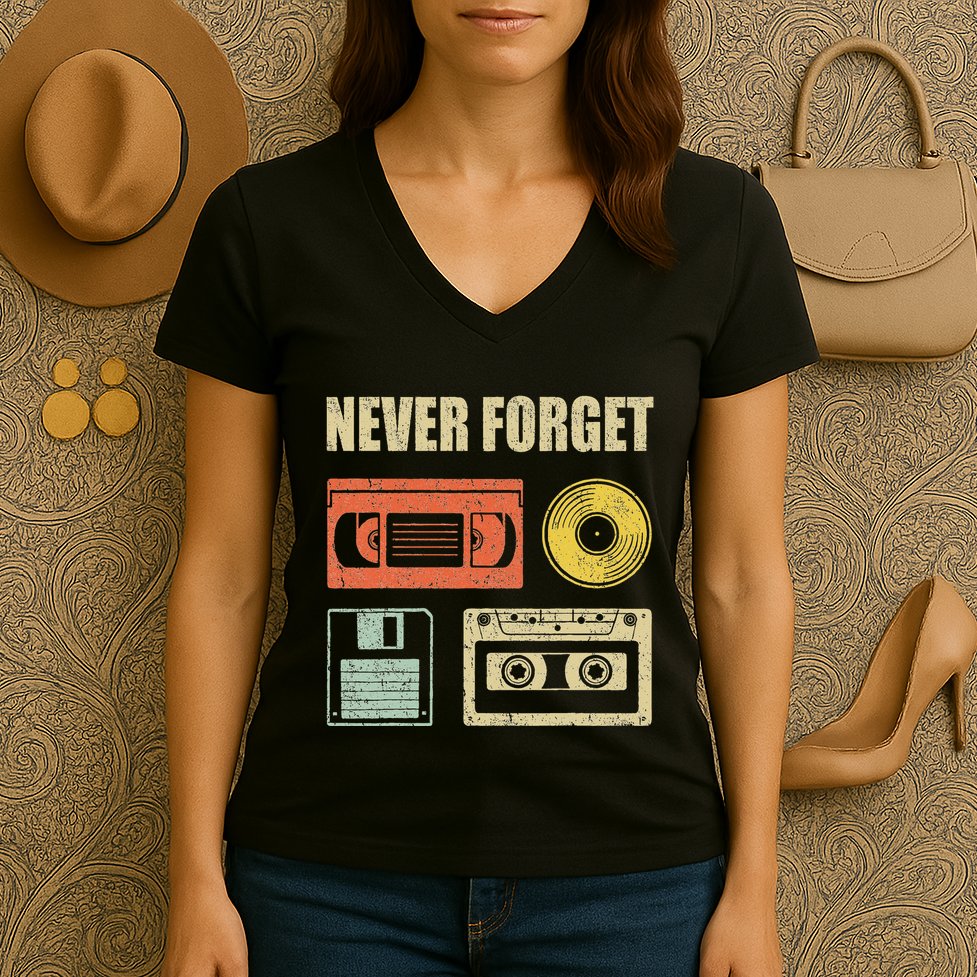 Never Forget Audio Cassette 70s 80s 90s Women's V-Neck T-Shirt