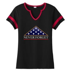 Never Forget American Folded Flag Military Memorial Design Ladies Halftime Notch Neck Tee