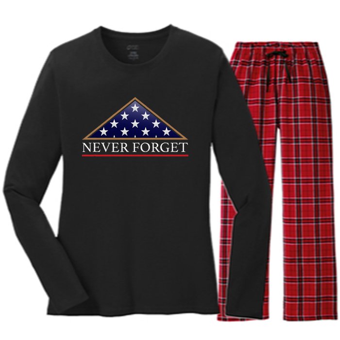 Never Forget American Folded Flag Military Memorial Design Women's Long Sleeve Flannel Pajama Set 