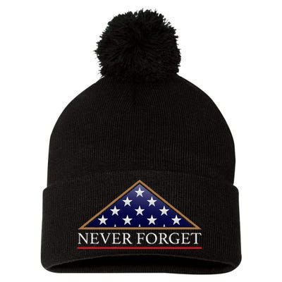 Never Forget American Folded Flag Military Memorial Design Pom Pom 12in Knit Beanie