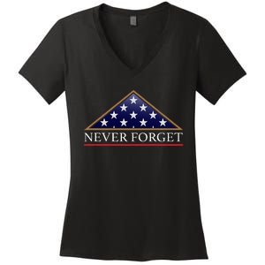 Never Forget American Folded Flag Military Memorial Design Women's V-Neck T-Shirt