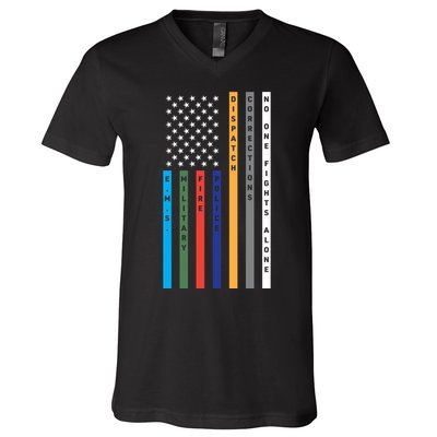 No One Fights Alone Support Our Heroes Flag V-Neck T-Shirt