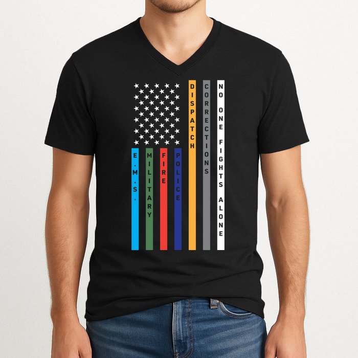 No One Fights Alone Support Our Heroes Flag V-Neck T-Shirt
