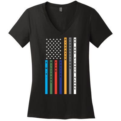 No One Fights Alone Support Our Heroes Flag Women's V-Neck T-Shirt