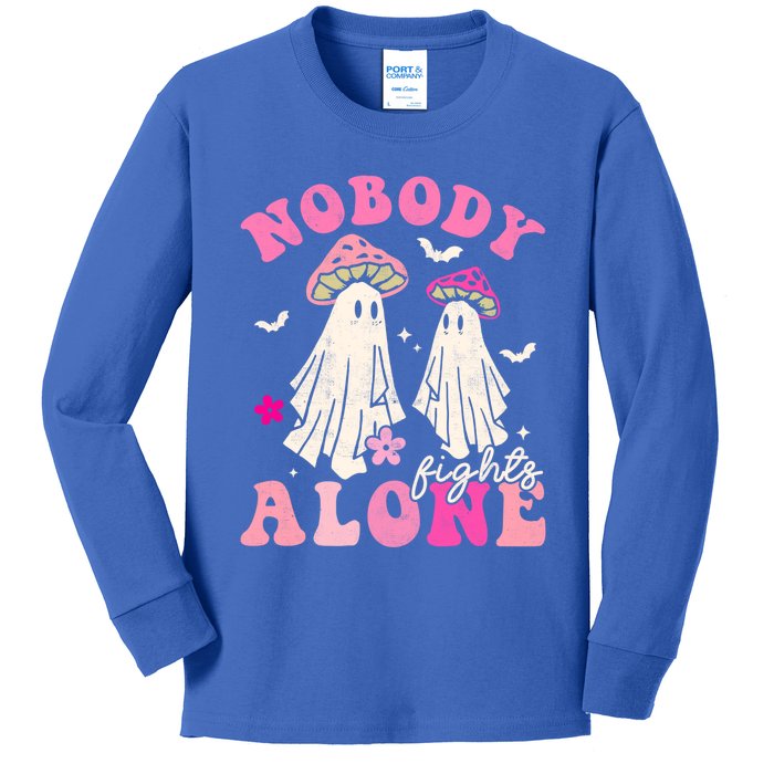 Nobody Fights Alone Mushroom Breast Cancer Halloween Groovy Gift Kids Long Sleeve Shirt