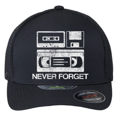 Never Forget Audio Cassette 70s 80s 90s Gift Flexfit Unipanel Trucker Cap