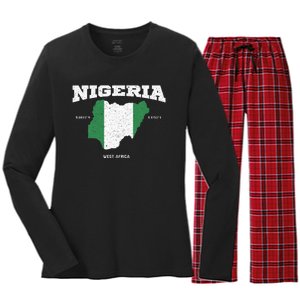 Nigeria Flag And Map Nigerian Coordinates Women's Long Sleeve Flannel Pajama Set 